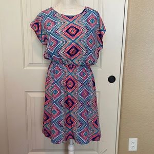 Just Be geometric print dress, elastic waist. Size M. Never worn.